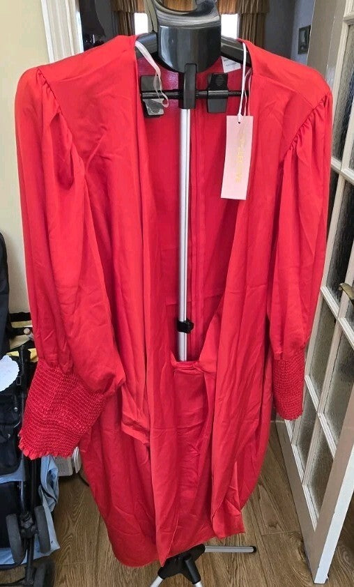 Collective red satin-finish open-front longline blouse/kimono jacket, size 26