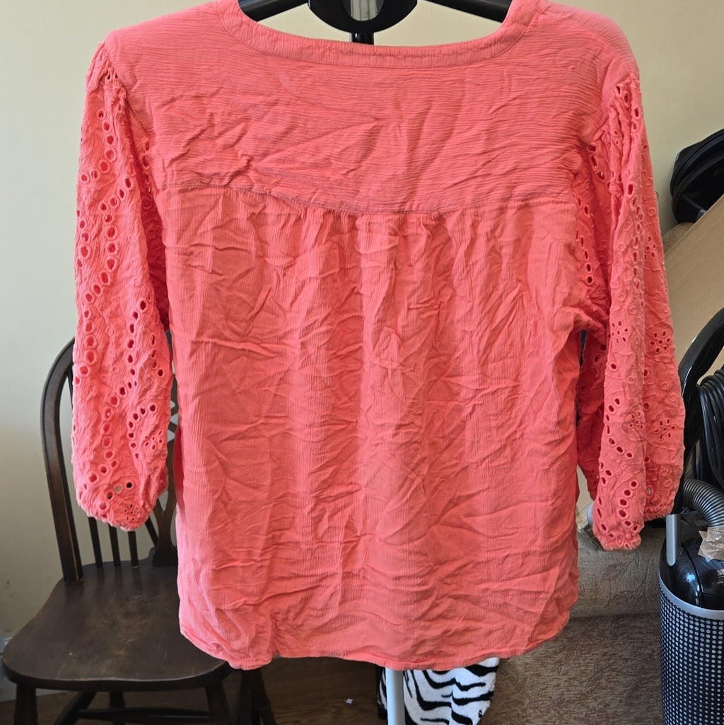 Sorbet Pink Solid V-Neck Embroidered Pleated 3/4 Sleeve Blouse UK 20