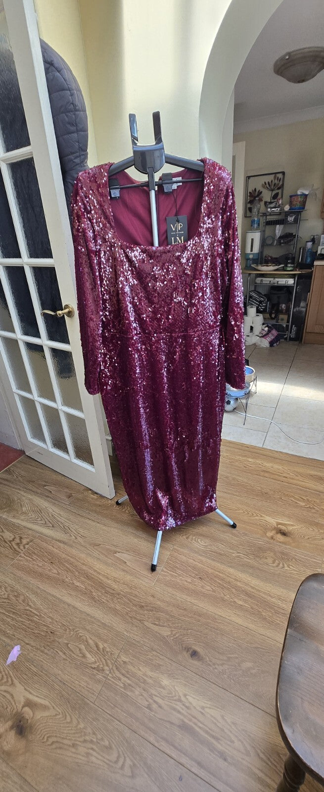 VP by LM Burgundy Sequin Square Neck Long Sleeve Maxi Dress Formal Size 20