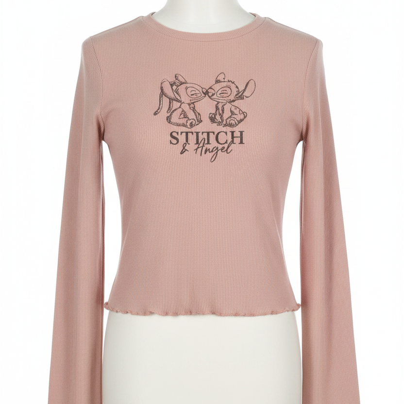 Disney Stitch & Angel Pink Ribbed LS Crop Top Girls Age 11-12
