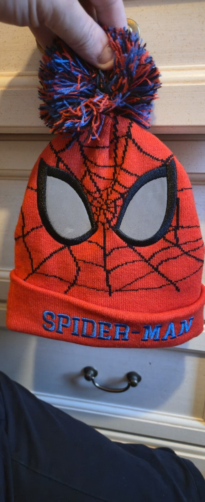 Spider-Man Boys' Bobble Hat Red Blue Black Acrylic Knit Pom-Pom Lined Winter