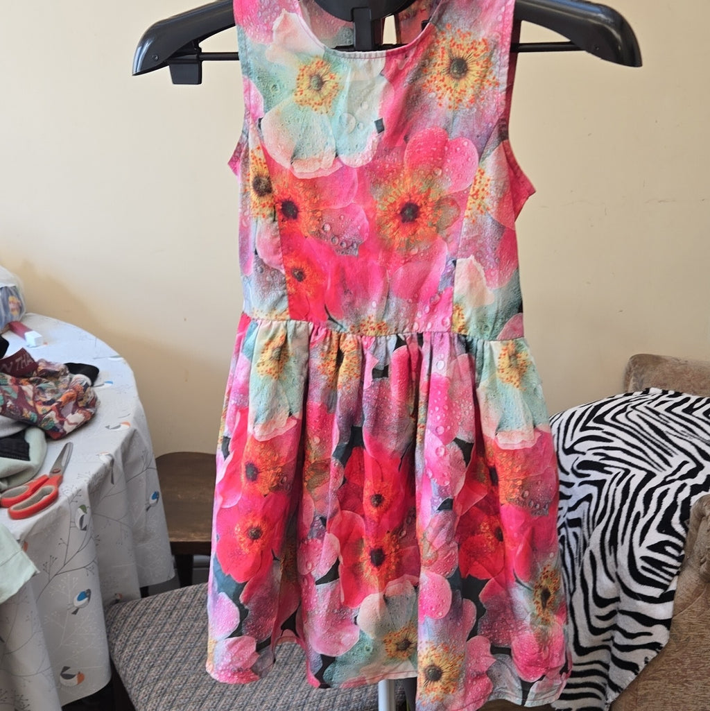 Nutmeg Girls Pink Floral Fit & Flare Dress Sleeveless Button Back 8-9 Years