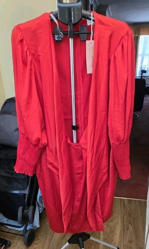 Collective red satin-finish open-front longline blouse/kimono jacket, size 26