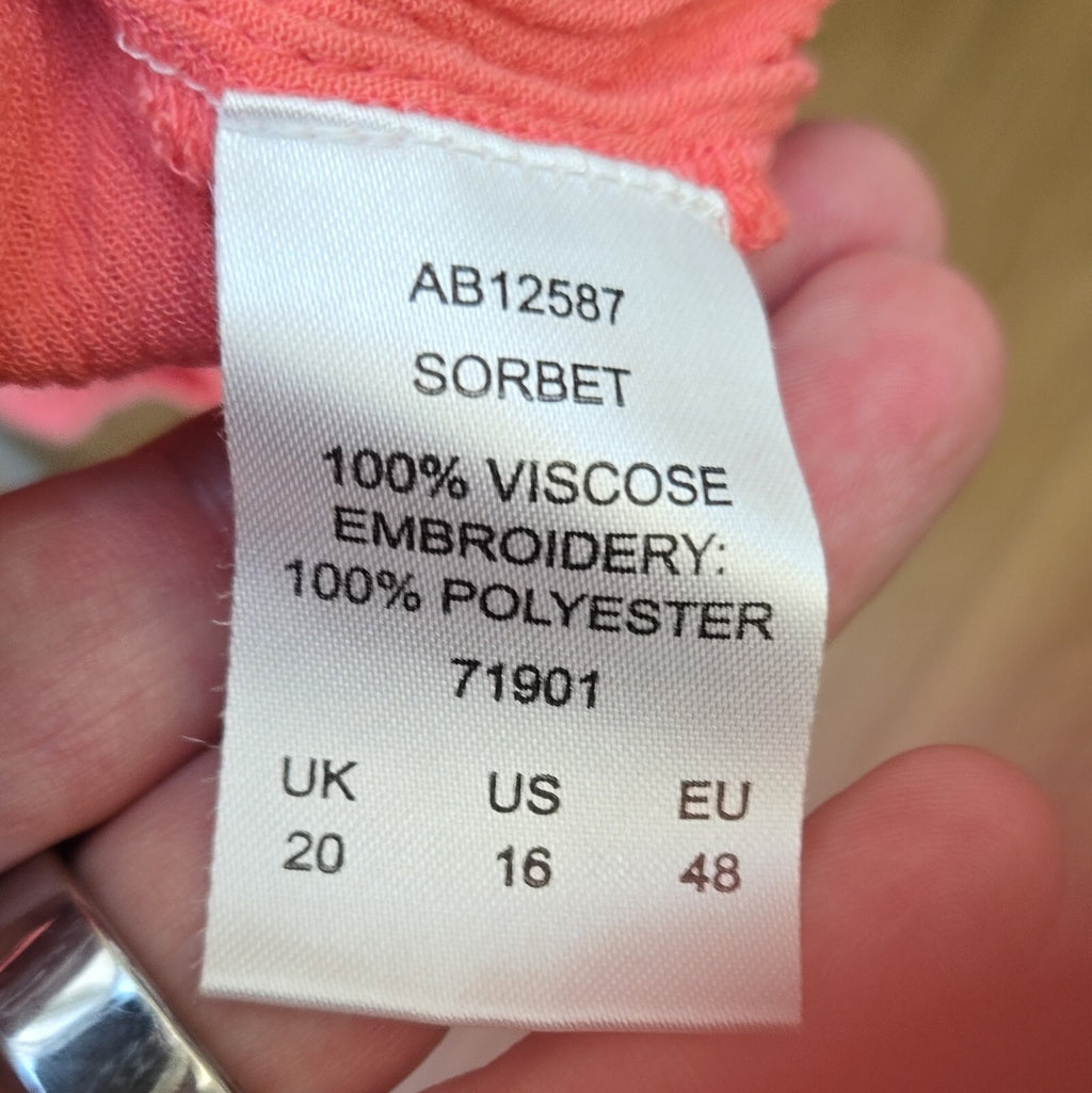 Sorbet Pink Solid V-Neck Embroidered Pleated 3/4 Sleeve Blouse UK 20