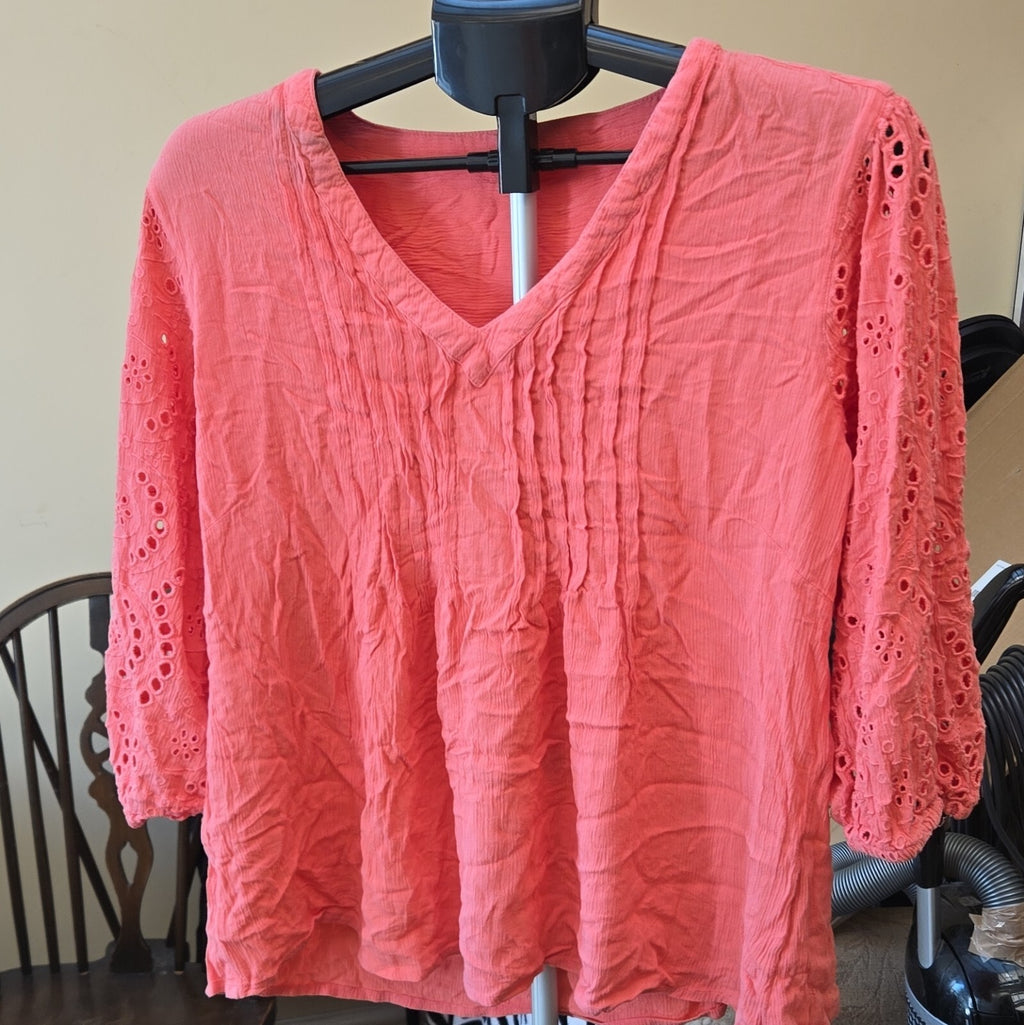 Sorbet Pink Solid V-Neck Embroidered Pleated 3/4 Sleeve Blouse UK 20