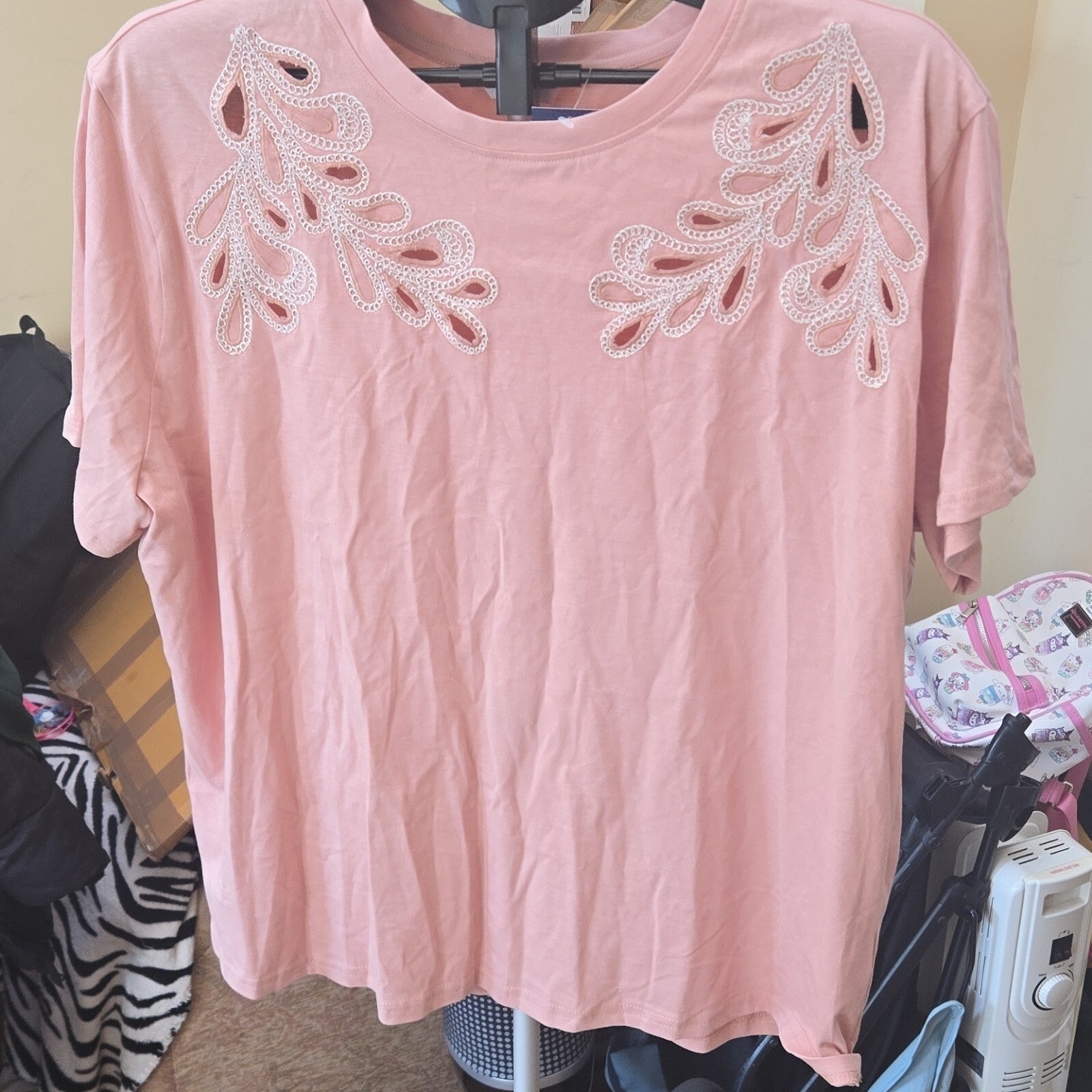Papaya Pink Solid Embroidered Round Neck Short Sleeve T-Shirt Top Womens XL