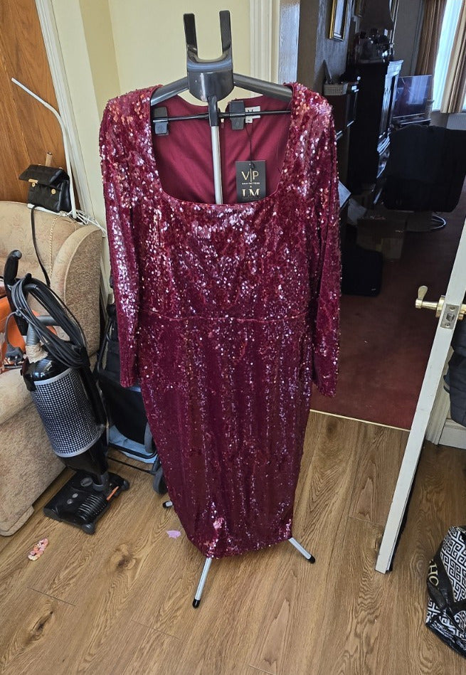 VP by LM Burgundy Sequin Square Neck Long Sleeve Maxi Dress Formal Size 20