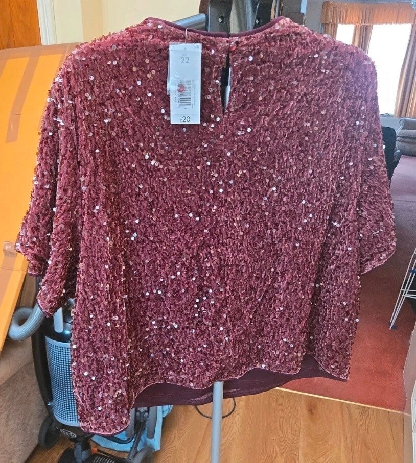 Et Vous Burgundy Velvet Sequin Top XL New With Tags