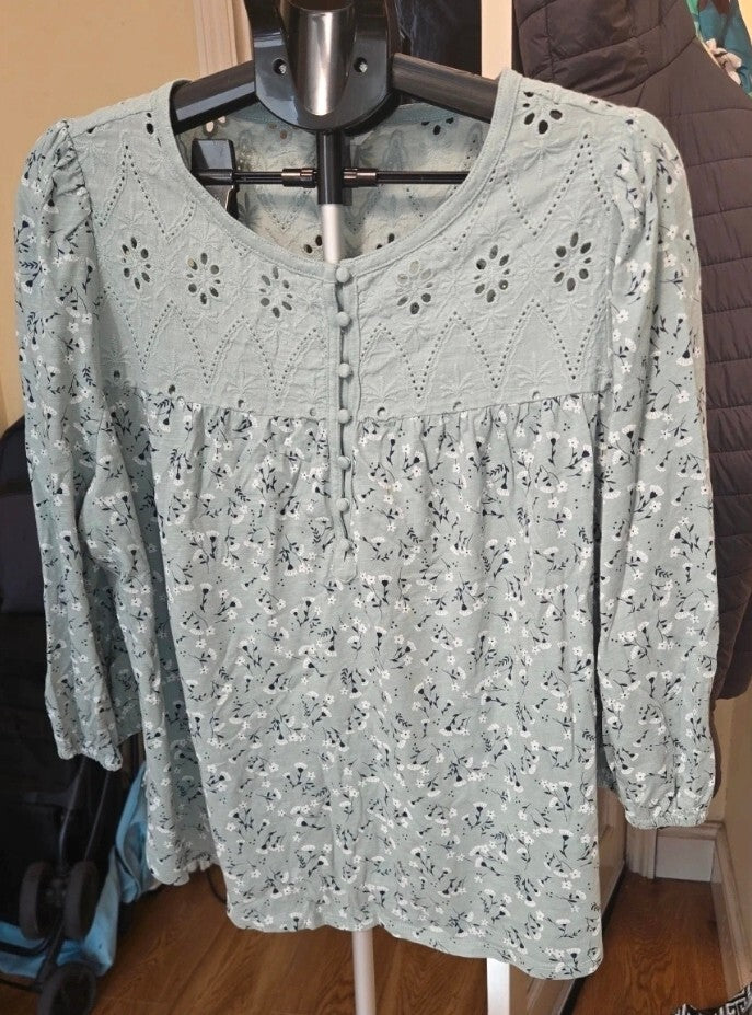 M&Co Sage Green Floral Broderie Blouse Size 20
