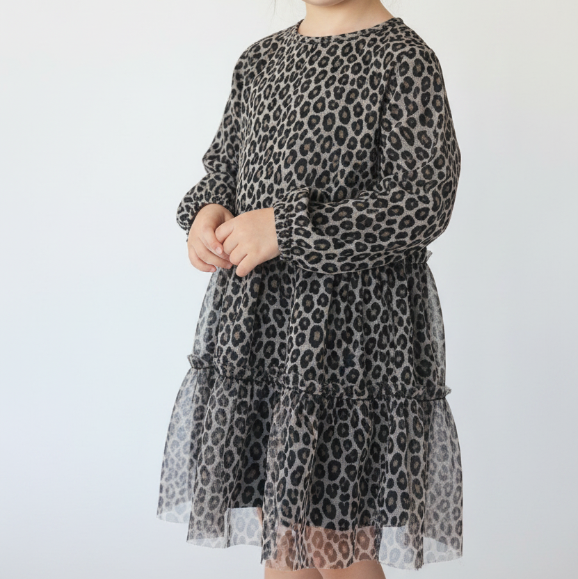 Dunnes Girls Grey Leopard Print Tiered Tulle Dress Age 3-4