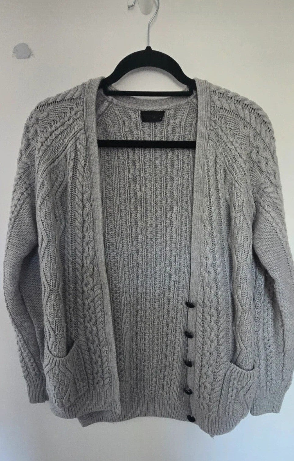 Top Shop Womens Grey Cable-Knit Button Cardigan Jumper Pockets Round Neck XS