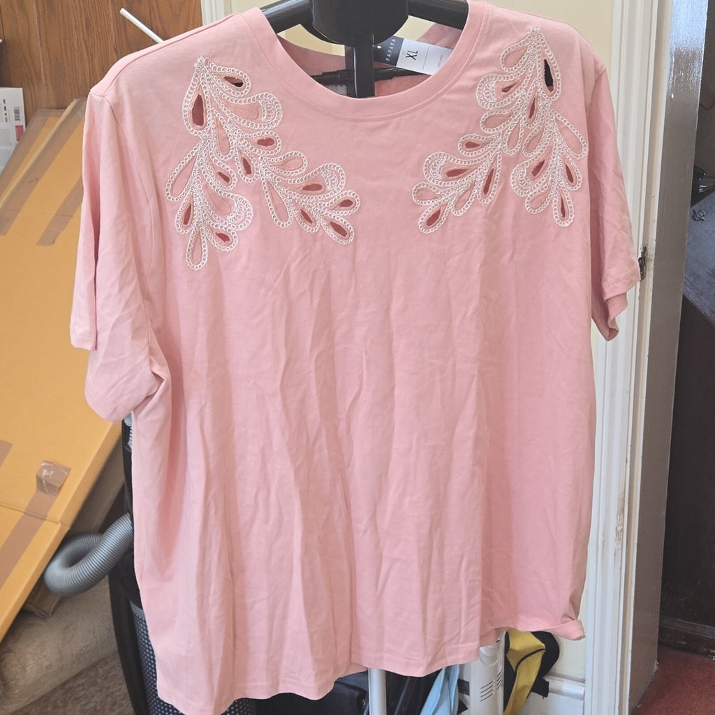 Papaya Pink Solid Embroidered Round Neck Short Sleeve T-Shirt Top Womens XL