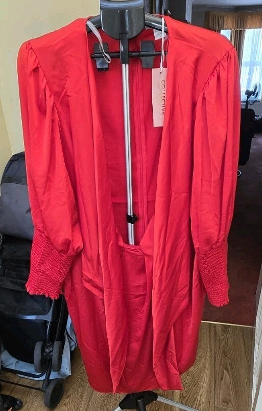 Collective red satin-finish open-front longline blouse/kimono jacket, size 26