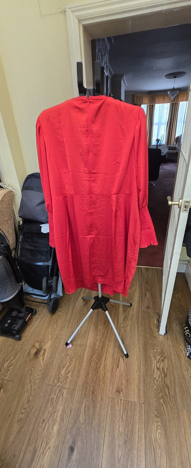 Collective red satin-finish open-front longline blouse/kimono jacket, size 26